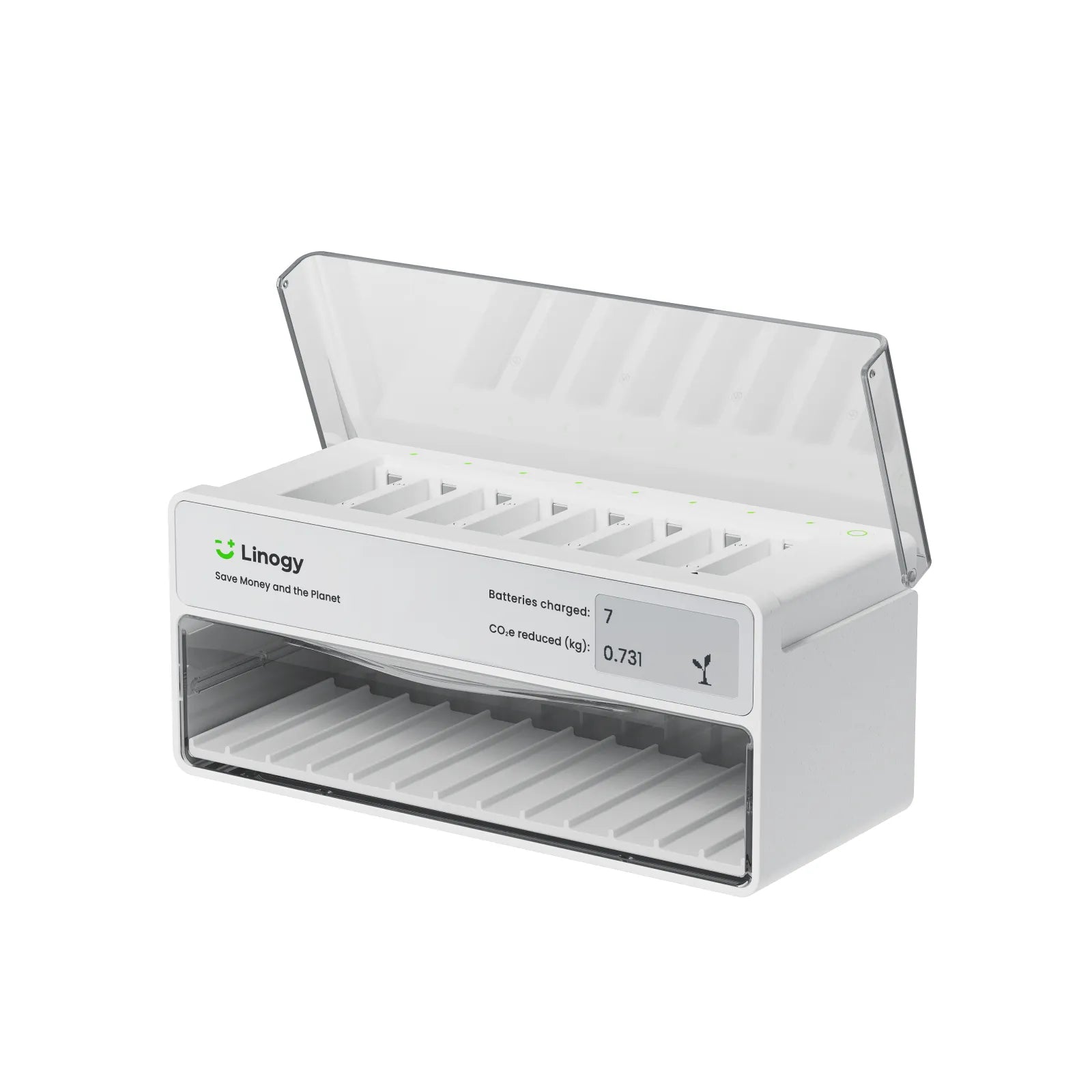 White Linogy battery charger with clear cover on a white background